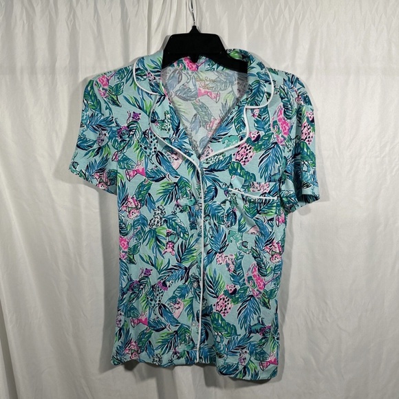 NEW Lilly Pulitzer [ XXS ] PJ Knit Button-Up Top Blue Barking Up‎ Palm Tree - Picture 3 of 14